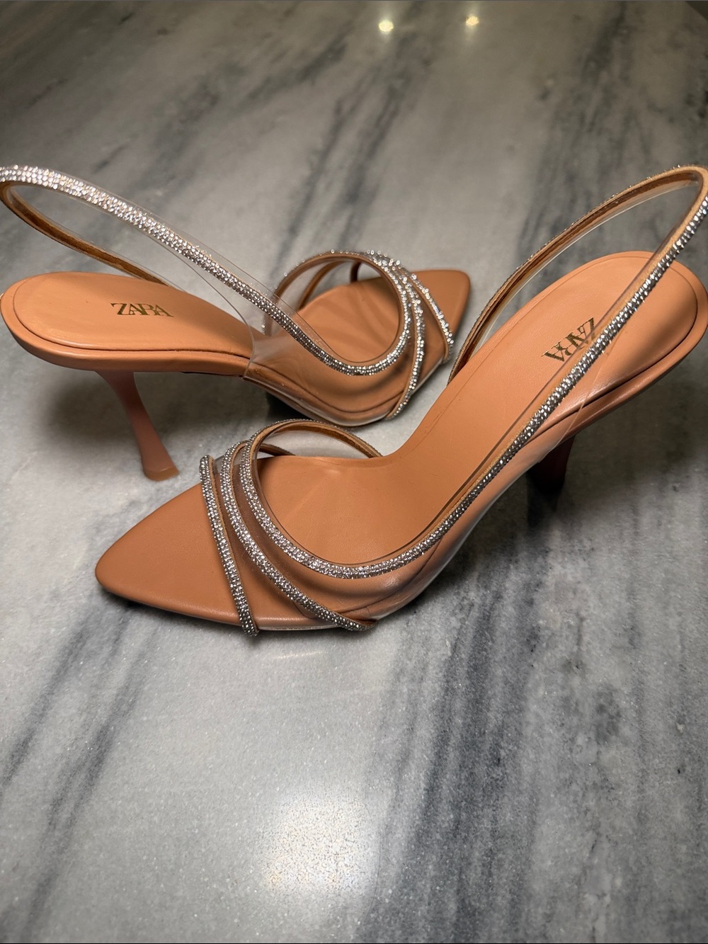 Zara Tan Slingback Heels with Rhinestone Straps